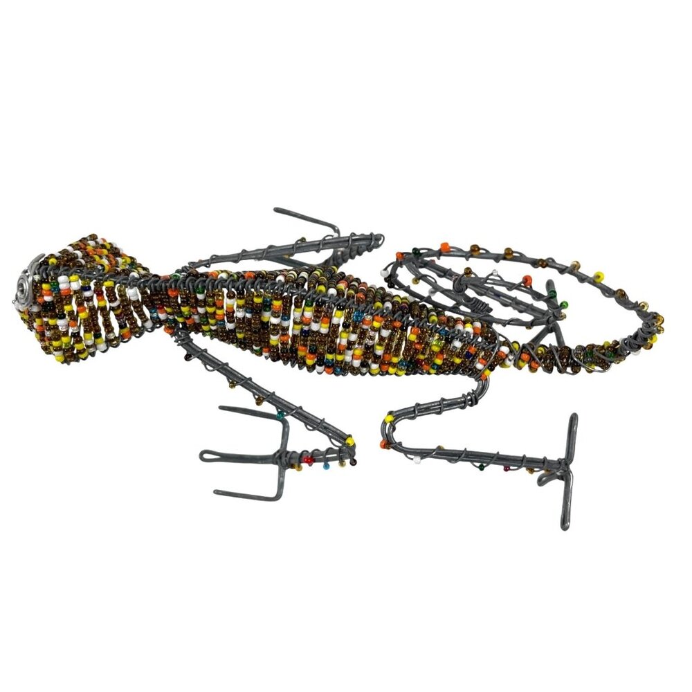 Handmade South Africa Lizard Chameleon Wire Bead Card Pen Pencil Holder Vintage - Picture 10 of 11